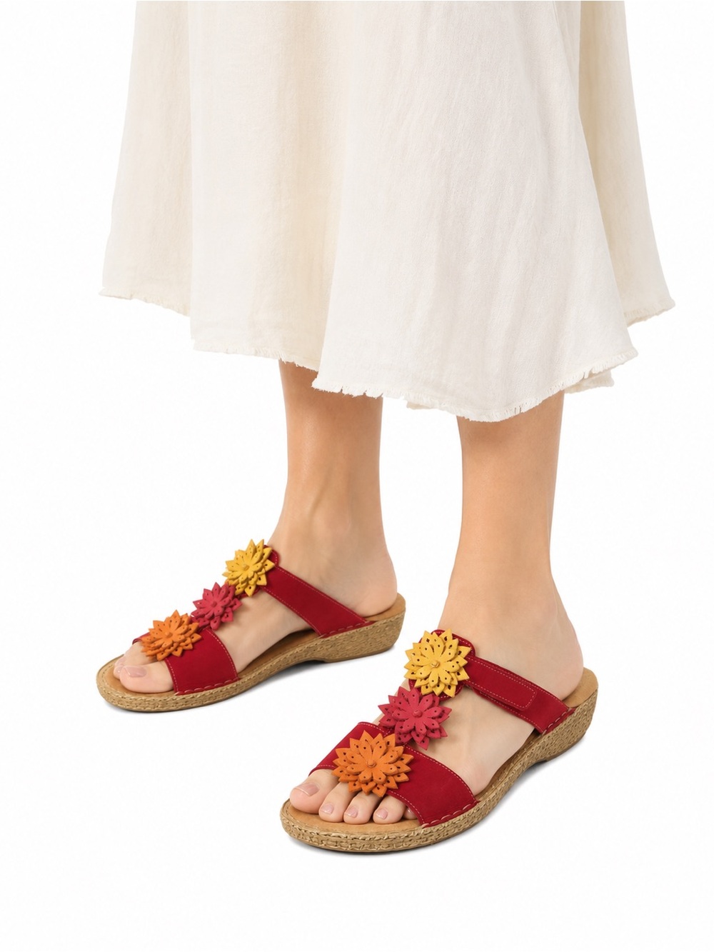 Size 10 (EU 41) Rieker Women’s Red Floral‎ Leather Slide Sandals Comfort Shoes